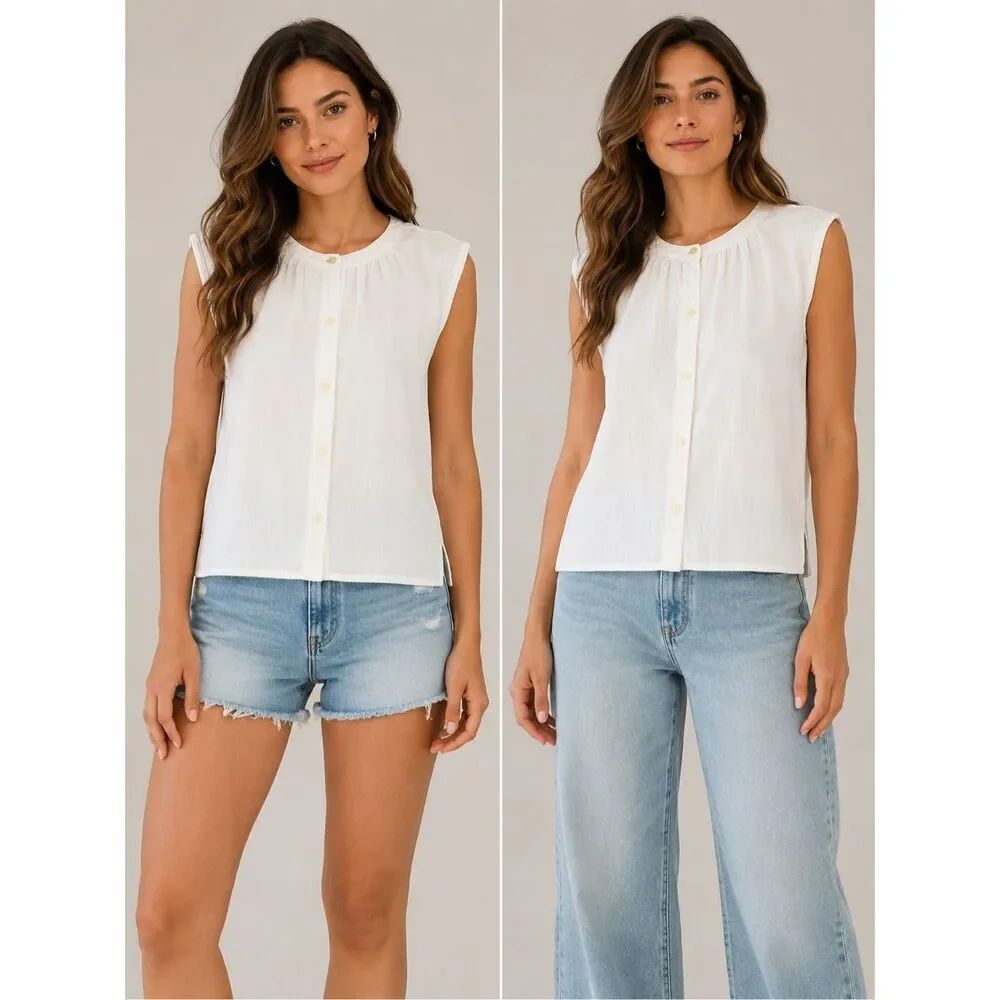 Old Navy White Sleeveless Button Front Blouse XL Cotton Rayon Lightweight Top
